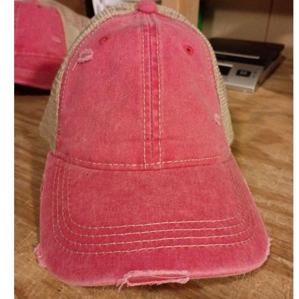 C.C Womens Ponytail Hats, Vintage Wash, BA-912, Red